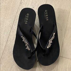 Guess Black Platform Sandals with Gold Chain Detail